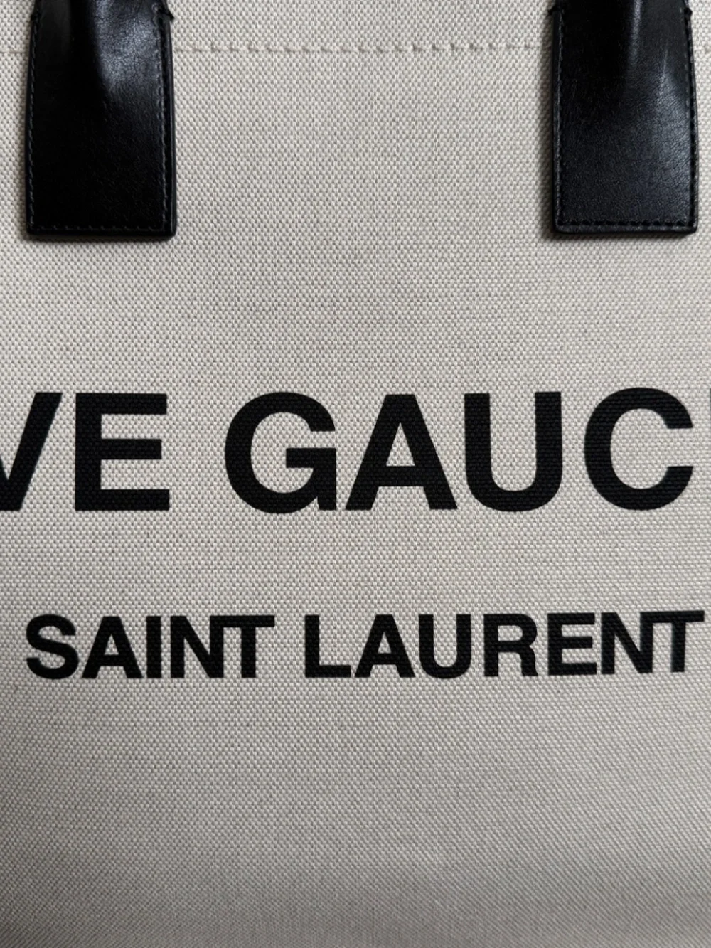 Saint Laurent YSL Rive Gauche White Black Canvas Logo Leather Tote Bag